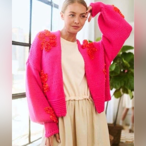 Davi & Dani Hot Pink Floral Appliqué Open Front Drop Shoulder Cardigan Sz Large - Picture 6 of 6